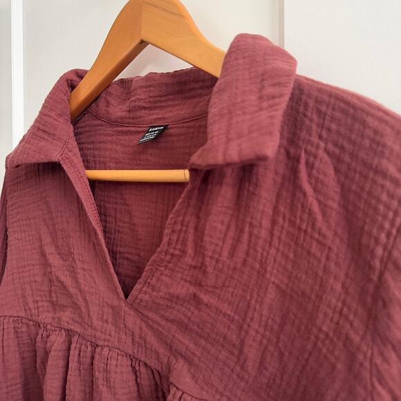 SHEIN Cotton Gauze Peasant Blouse L – Textured Boho Top, Rust Brown, Long Sleeve - Picture 7 of 8